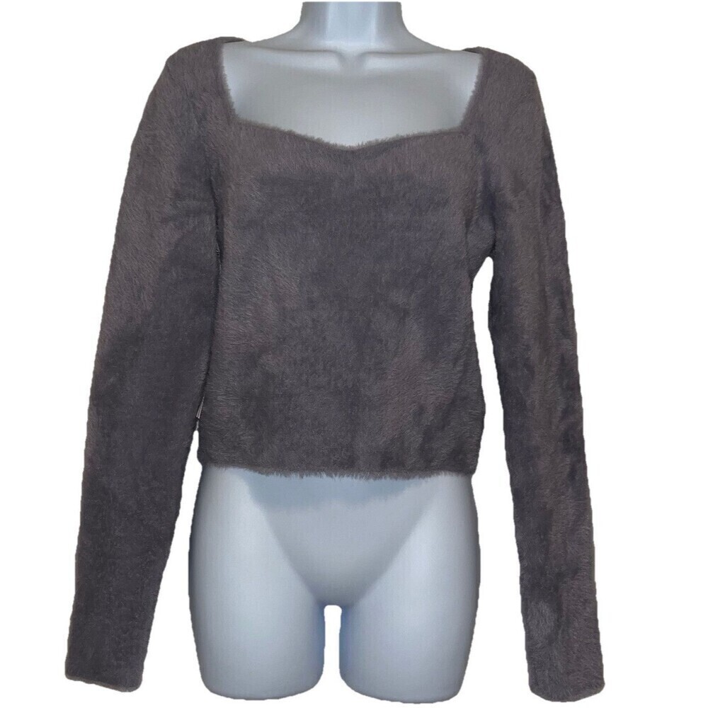 Aritzia Sunday Best Medium Elsie Long Sleeve Sweater Crop Top Women Gray Fuzzy - Picture 2 of 16